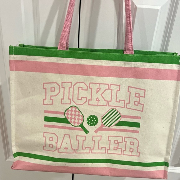 Pickleballer Tote Bag - Pink & Green Canvas Shopper - Picture 2 of 7